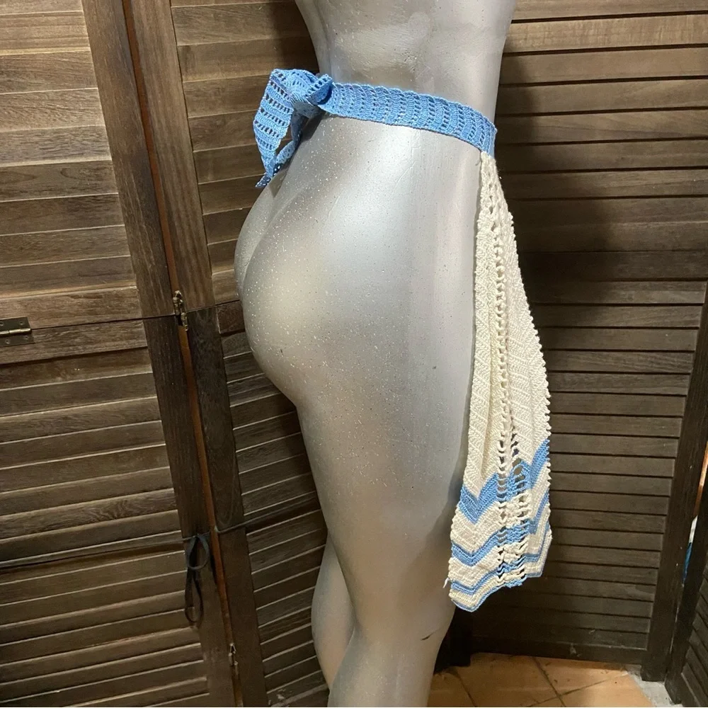Vintage Crochet Half Apron Blue/White Grannycore Trad-Wife Farmhouse Cottagecore
